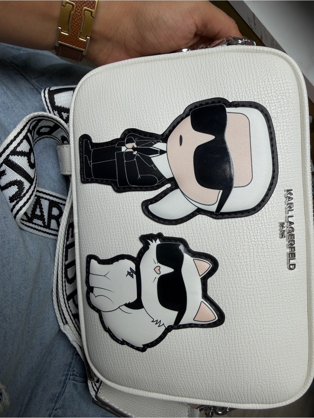Karl Lagerfeld White Crossbody Camera Bag with Karl & Choupette Cartoon Patches